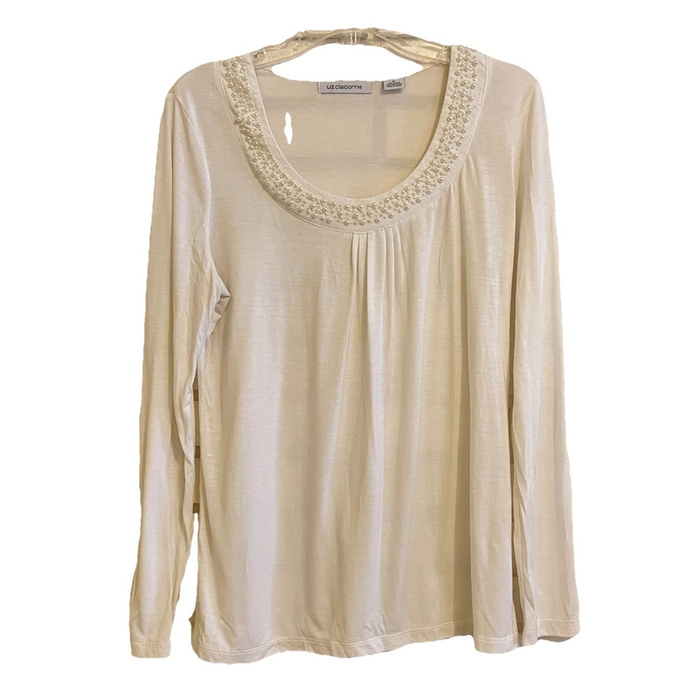 Liz Claiborne Sz Med. Off White‎ Long Sleeve Blouse Beaded Neckline Scoop Neck